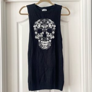 Black Knit Muscle Tank with Floral Skull Embroidery